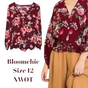BloomChic Top Elegant Floral Blouse Maroon Burgundy Gold Zipper Fall US 12